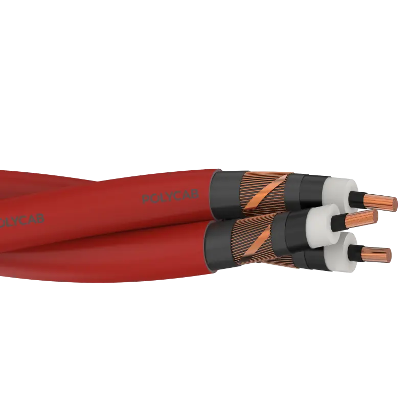 Single core Stranded Copper conductor, conductor screened, XLPE or EPR insulated, insulation screened, copper wire screened & copper tape, plain water swellable tape, LSZH outer sheath, Triplex formation - Polycab MV Cu BS 7870-4-10 6.35/11kV Triplex - 55035