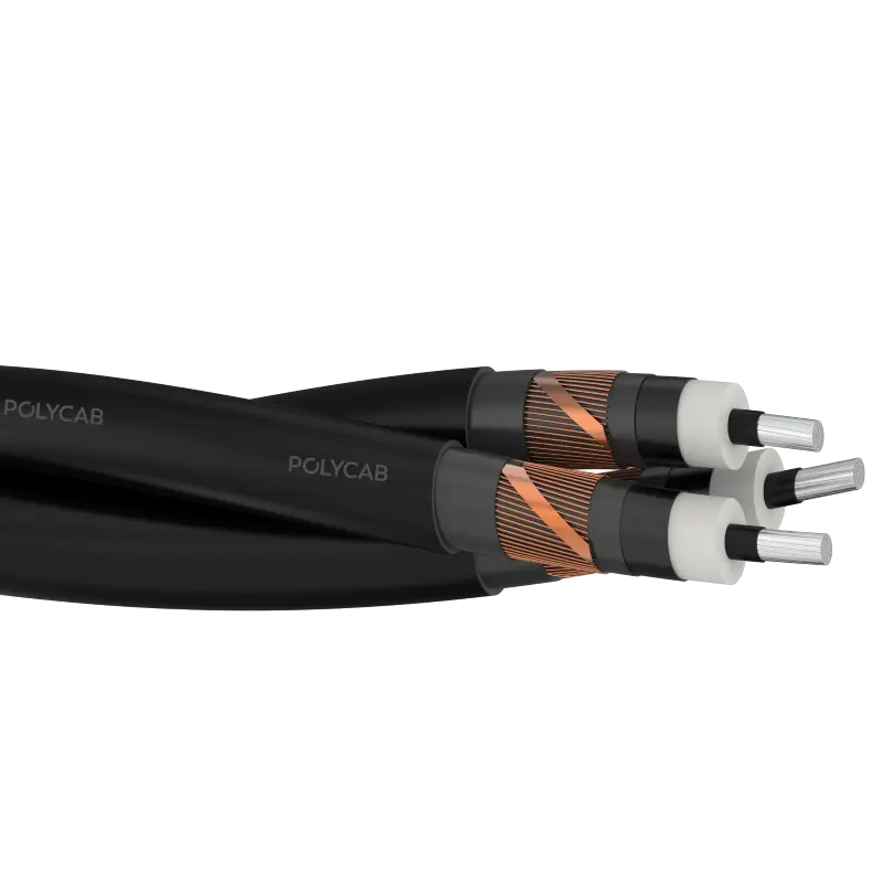 Single core Stranded Aluminium conductor, conductor screened, XLPE or EPR insulated, insulation screened, copper wire screened & copper tape, plain water swellable tape, LSZH outer sheath, Triplex formation - Polycab MV AL BS 7870-4-10 12.7/22kV Triplex - 55027