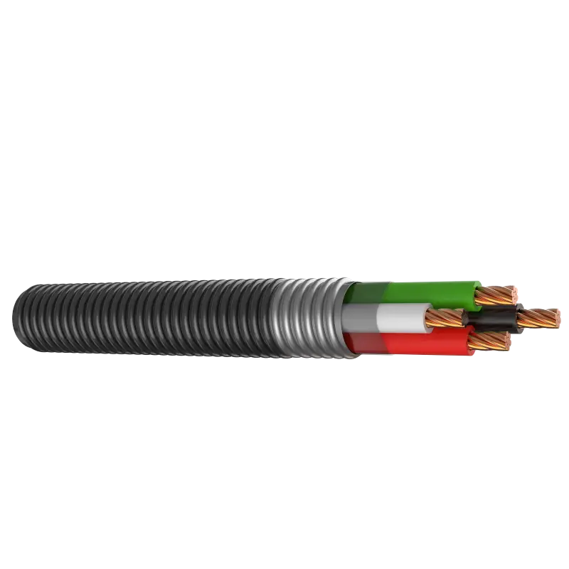 Solid or stranded copper conductor with THHN or XHHW insulation, green insulated grounding conductor, galvanised steel interlocking armour over the assembly with PVC jacketed cable - Polycab Cu XHHW-2 Type MC Steel Armoured PVC Jacket UL 1569 600V - 54955