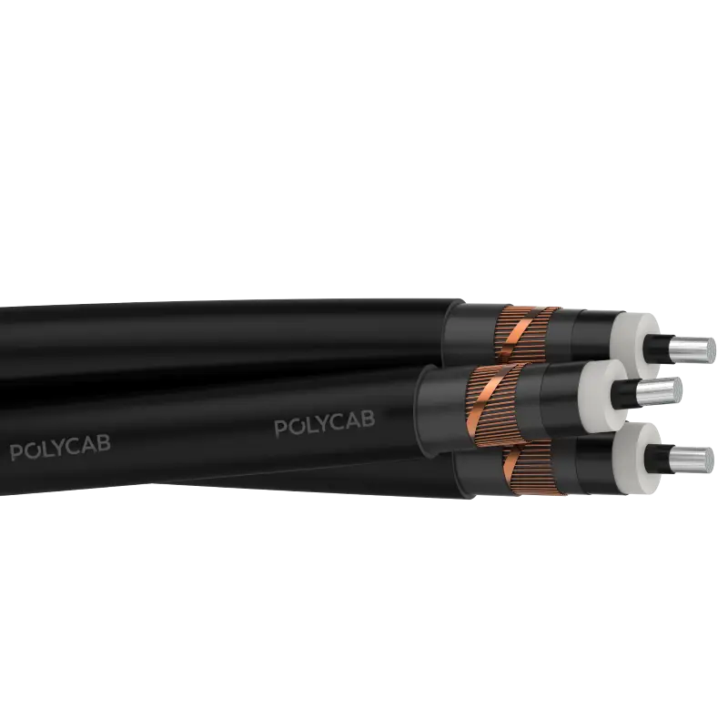 Polycab MV 1T AL XLPE AS-NZS 6.35/11kV Stranded Al conductor, XLPE insulation with semi conductive layer in triple extrusion,water blocking tape over & below Cu tape screen(Optiona),Cu tape with Cu wire Screen,PVC Outer sheath with Termite protection 6.35/11kV Triplex MV Power cable - Polycab MV 1T AL XLPE AS-NZS 6.35/11kV - 55187