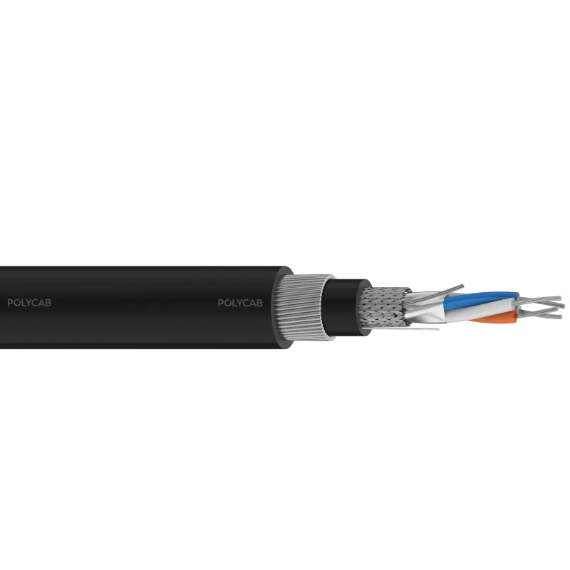 Annealed stranded tinned copper conductor, HDPE insulated,paired, twisted, Al mylar shielded, ATC braided, PVC innersheath, GS round wire armored Overall PVC Sheathed 500V RS 485 data cable - Polycab RS 485 300/500V AC Armoured Cable - 55654