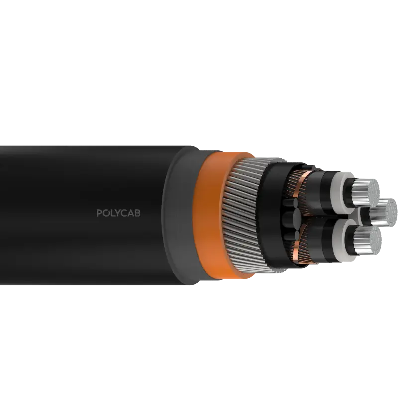 Polycab MV 3C AL XLPE ATR AS-NZS 12.7/22kV Stranded Al conductor, XLPE insulation with semi conductive layer in triple extrusion,water blocking tape over & below Cu tape screen(Optional),Cu tape with Cu wire Screen cores laid up with sheath,PVC Inner layer with Termite protection & Overall HDPE sheath 12.7/22kV 3C MV Power cable - Polycab MV 3C AL XLPE ATR AS-NZS 12.7/22kV - 55171