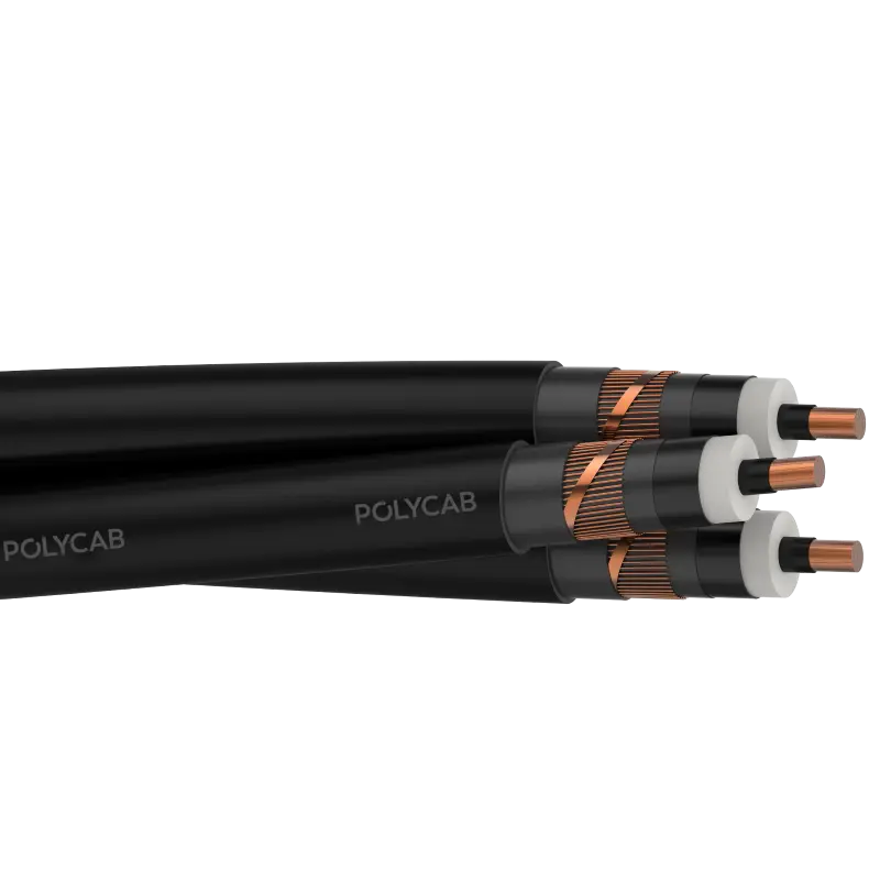 Polycab MV 1T Cu XLPE AS-NZS 19/33kV Stranded Cu conductor, XLPE insulation with semi conductive layer in triple extrusion,water blocking tape over & below Cu tape screen(Optiona),Cu tape with Cu wire Screen,PVC Outer sheath with Termite protection 19/33kV Triplex MV Power cable - Polycab MV 1T Cu XLPE AS-NZS 19/33kV - 55197