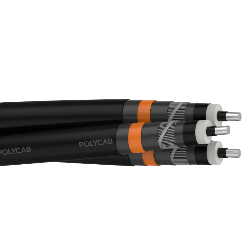 Polycab MV 1T AL XLPE AS-NZS 19/33kV ATR Stranded Al conductor, XLPE insulation with semi conductive layer in triple extrusion,water blocking tape over & below Cu tape screen(Optiona),Cu tape with Cu wire Screen,PVC Inner layer with Termite protection & Overall HDPE sheath 19/33kV Triplex MV Power cable - Polycab MV 1T AL XLPE AS-NZS 19/33kV ATR - 55201