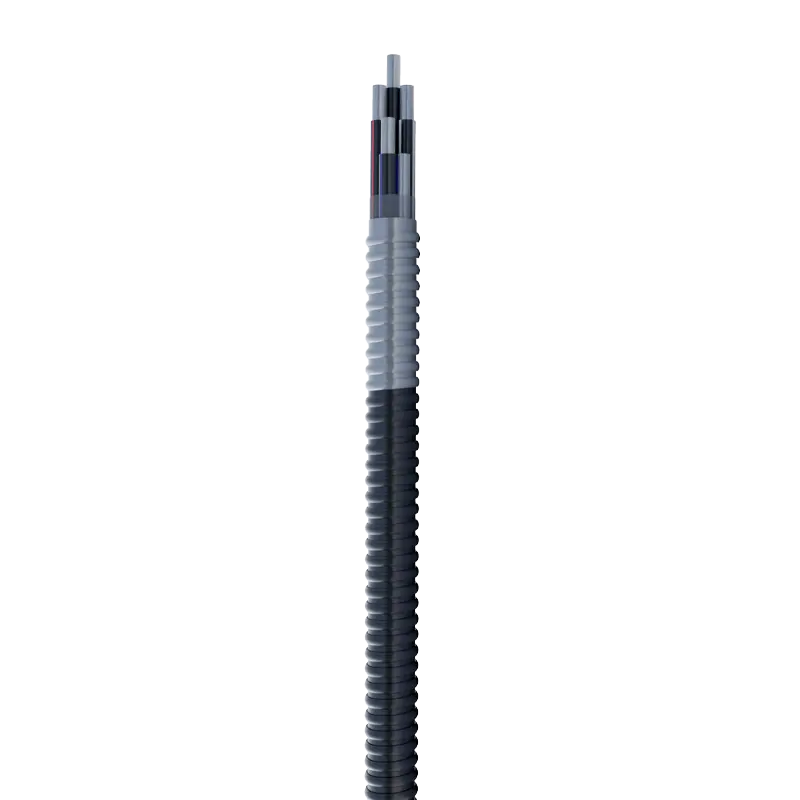 Stranded compact Aluminium alloy conductor with THHN or XHHW insulation accompanied with bare grounding conductor, aluminium interlocking armour over the assembly with PVC jacket - Polycab Type MC PVC Jacketed AL Conductor UL 1569 600V - 54953