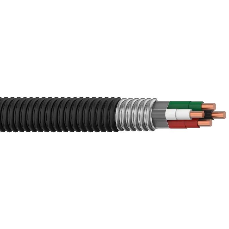 Solid or stranded copper conductor with THHN/THWN insulation, green insulated grounding conductor, aluminium interlocking armour over the assembly with PVC jacketed cable - Polycab Type MC PVC Jacketed Cu Conductor UL 1569 600V - 54862